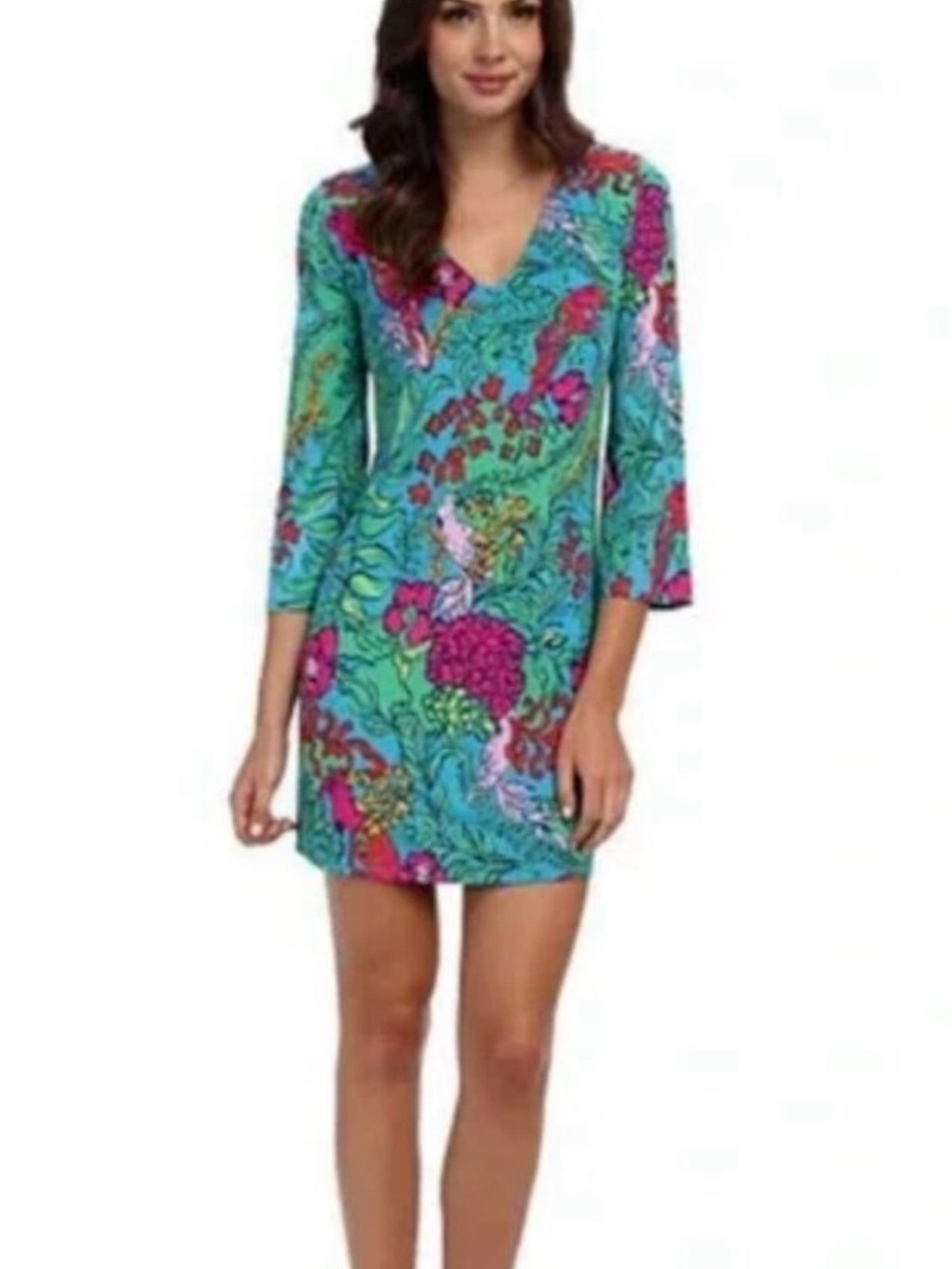 Lily Pulitzer Turquoise 3/4 sleeves mini Floral V-Neck Dress shake tail-feathers